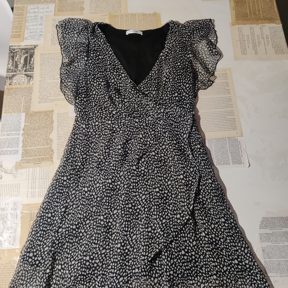 Valleygirl Black & White Polka Dot Faux Wrap Mini Dress w/ Flutter Sleeves